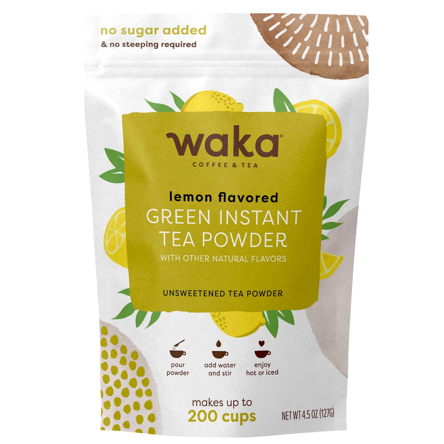 Waka Instant Green Tea Mix, Lemon Flavored - 100% Tea Leaves, No Additives, Unsweetened Tea Powder In Bulk Pouch - Easy Quick Ho