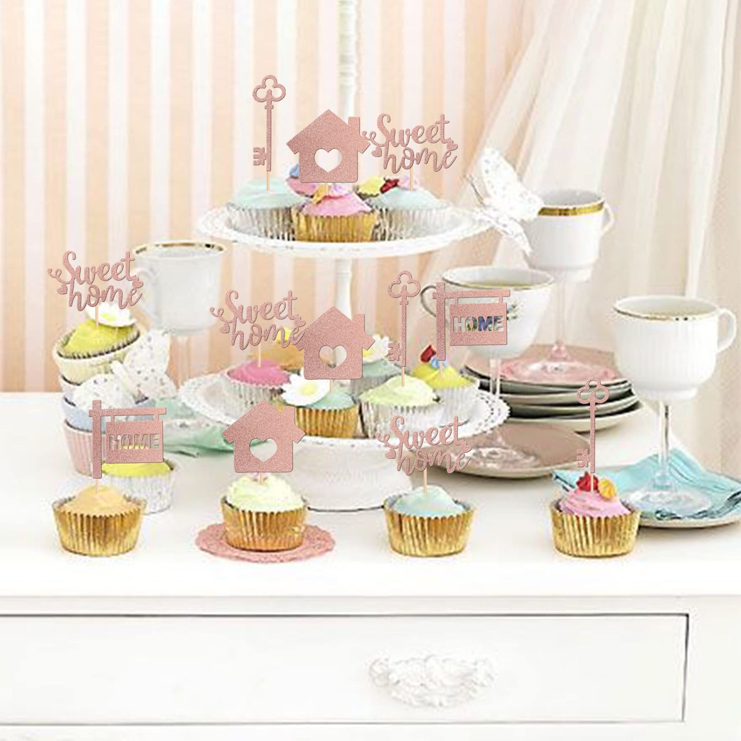 36 Pcs Sweet Home Cupcake Toppers Glitter Key Housewarming Cupcake Picks Decorations For New Home Theme Party Cake Decorations S
