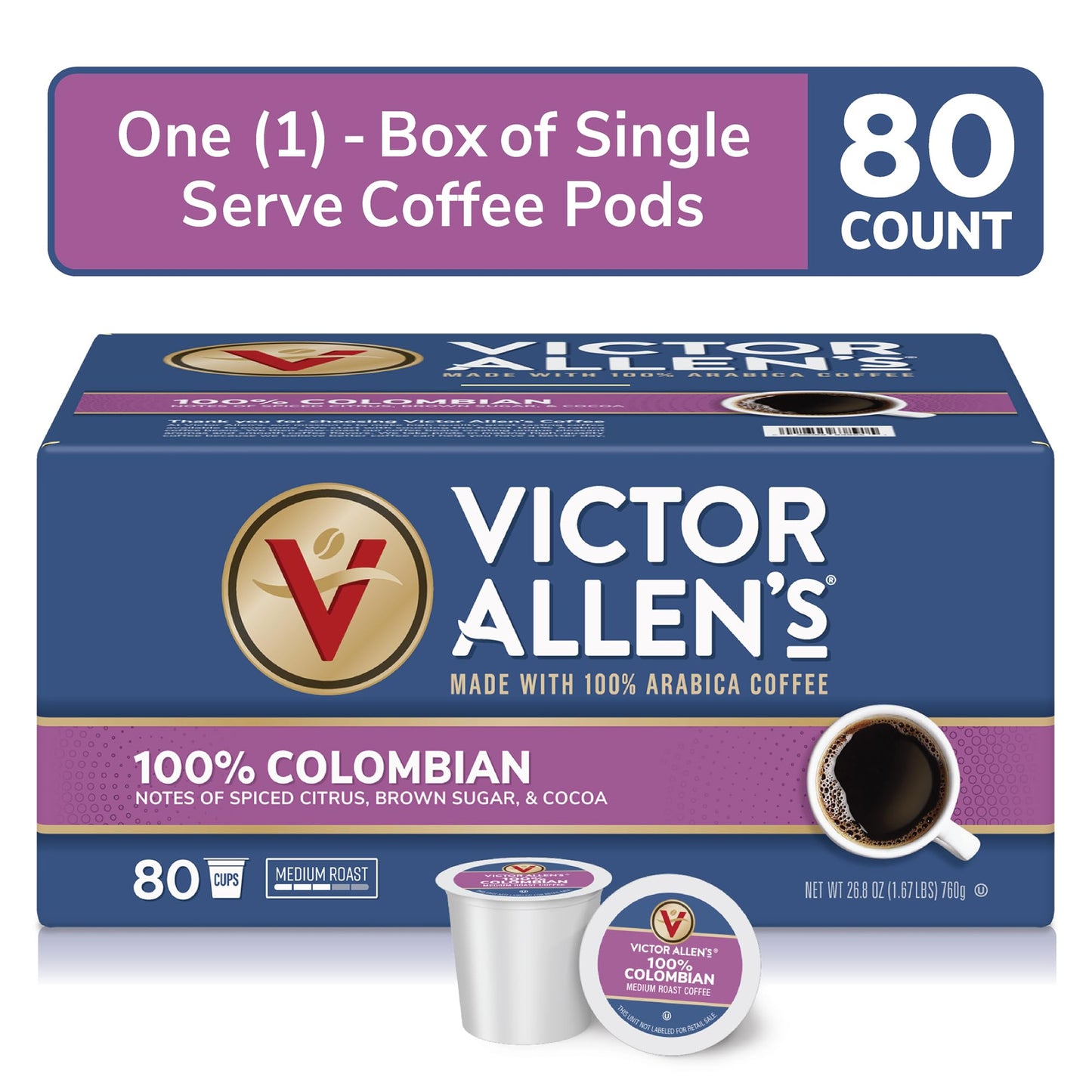 Victor Allens Coffee 100% Colombian Medium Roast Coffee Pods, 80 Count, Compatible with Keurig K-Cup malt-inspired, Brown