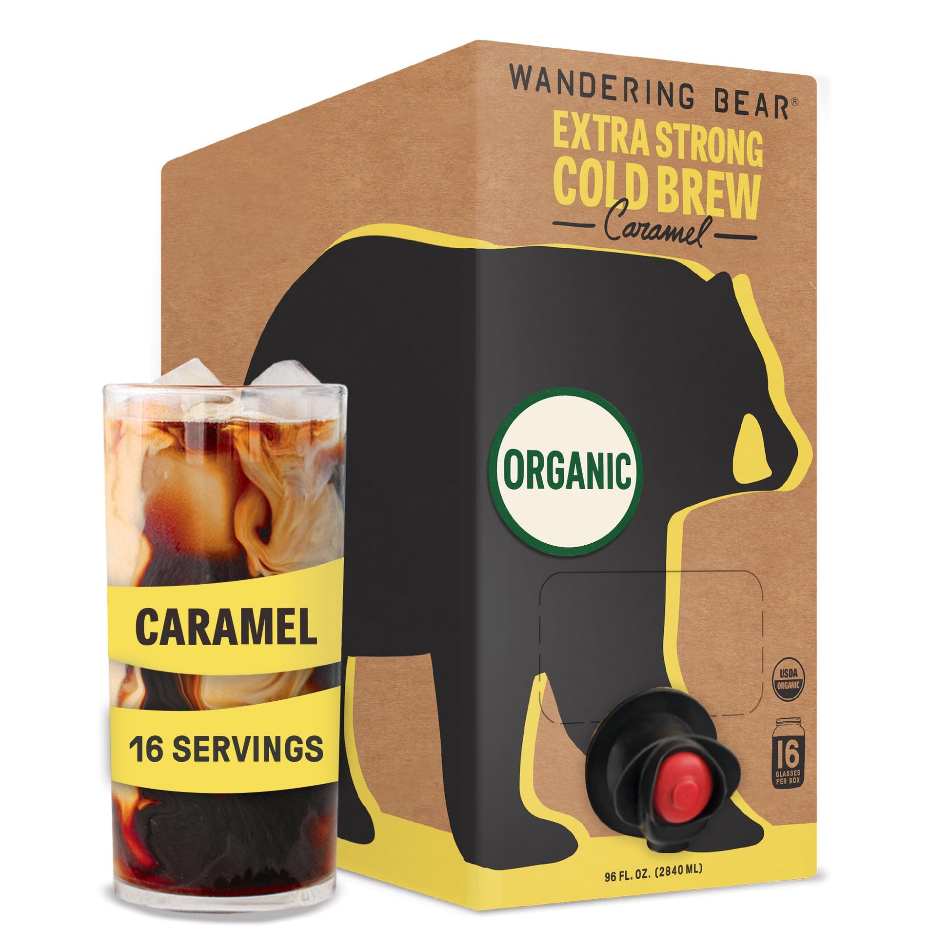 Wandering Bear Organic Caramel Cold Brew Coffee On Tap  96 Fl Oz - Extra Strong  Bold  Smooth  Unsweetened  Shelf-Stable  Ready To Drink  Gluten Free  & Vegan  Iced Cold Brewed Coffee Drinks