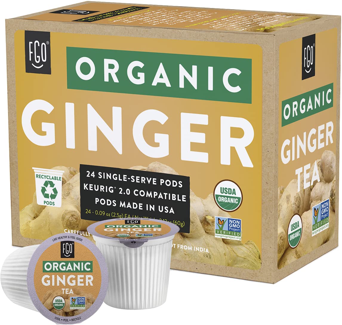 FGO Organic Ginger Tea K-Cup Pods - Caffeine-Free, Keurig Compatible, 24 Count, Pack of 1