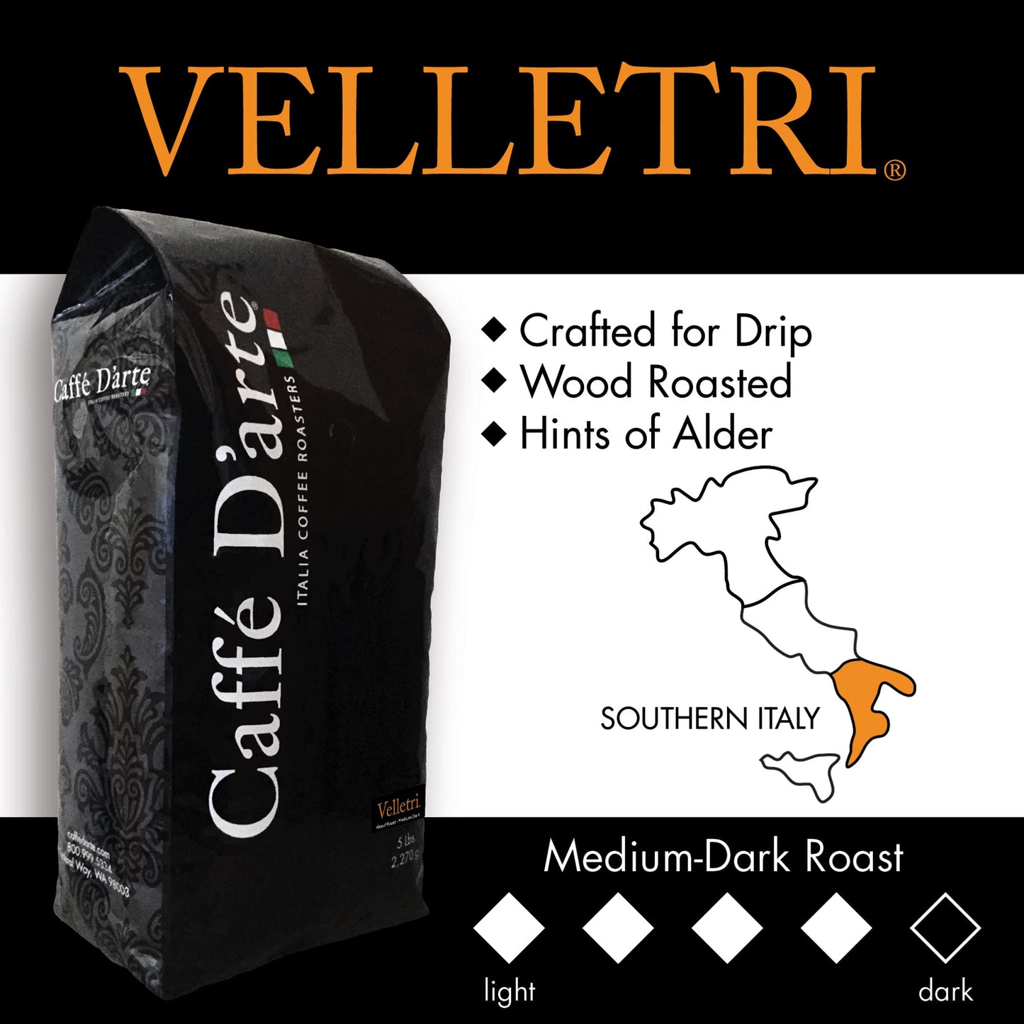 Caffe D'Arte Velletri Wood Roast Reserve Whole Bean Coffee, 5 Pounds