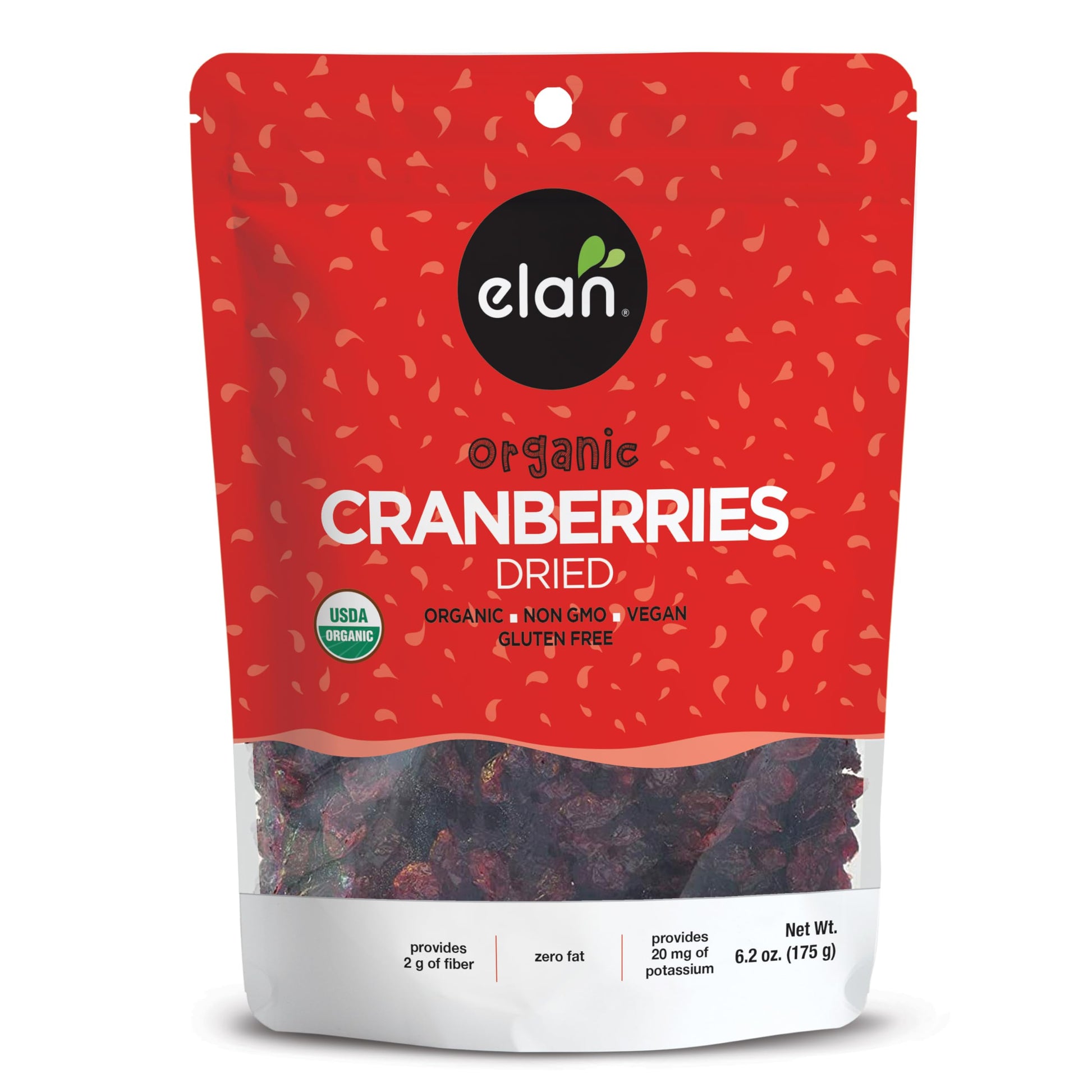 Elan Organic Dried Cranberries, 6.2 oz, Whole Dried Cranberries, No Sulphites, No Fat, Non-GMO, Vegan, Gluten-Free, Kosher, Drie