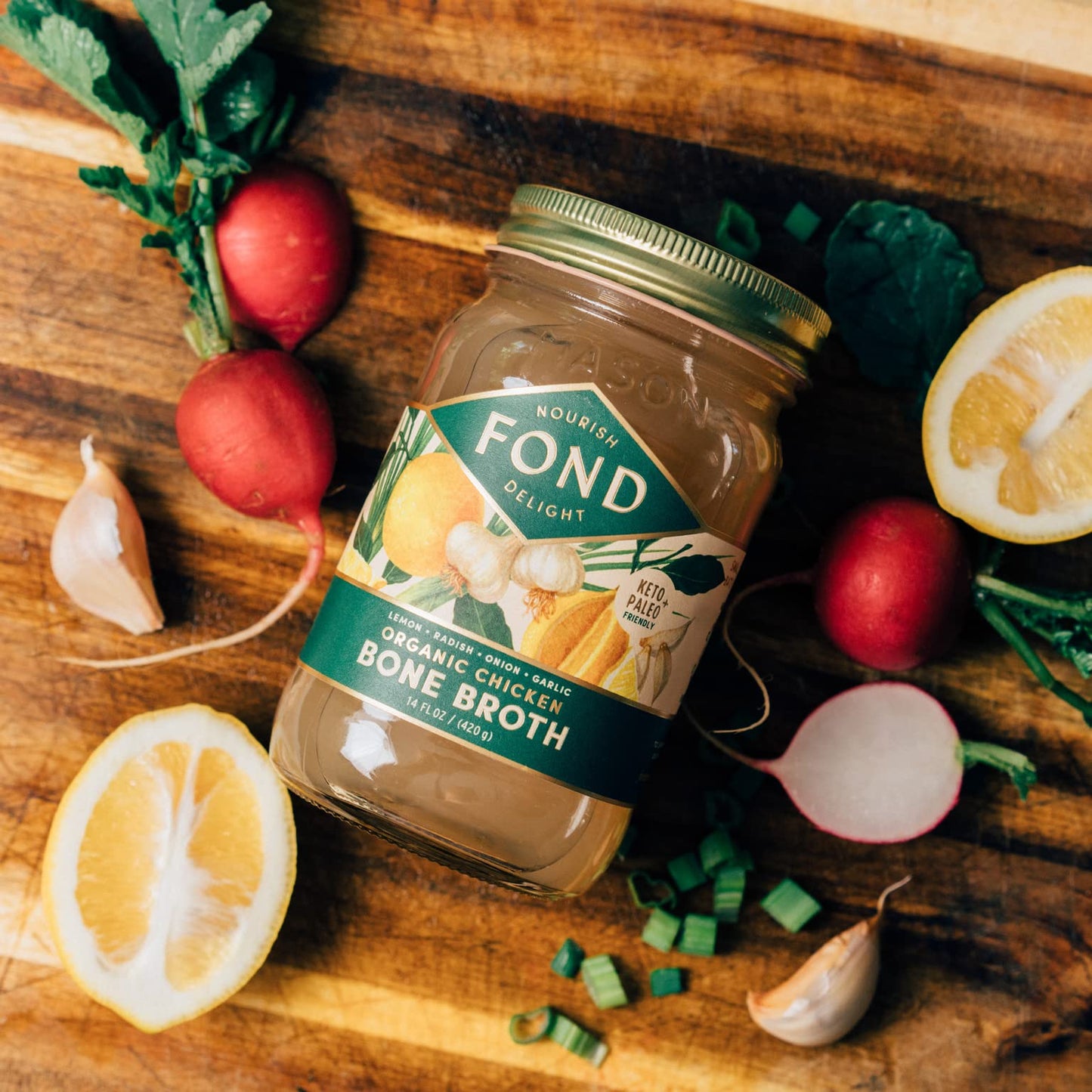 Fond Regenerative Pasture-Raised Chicken Bone Broth Infused With Organic Lemon & Garlic – Slow-Simmered Chicken Broth For Rich And Nourishing Flavor, Nutrient-Dense, Artisan Quality – 14 Oz (12-Pack)