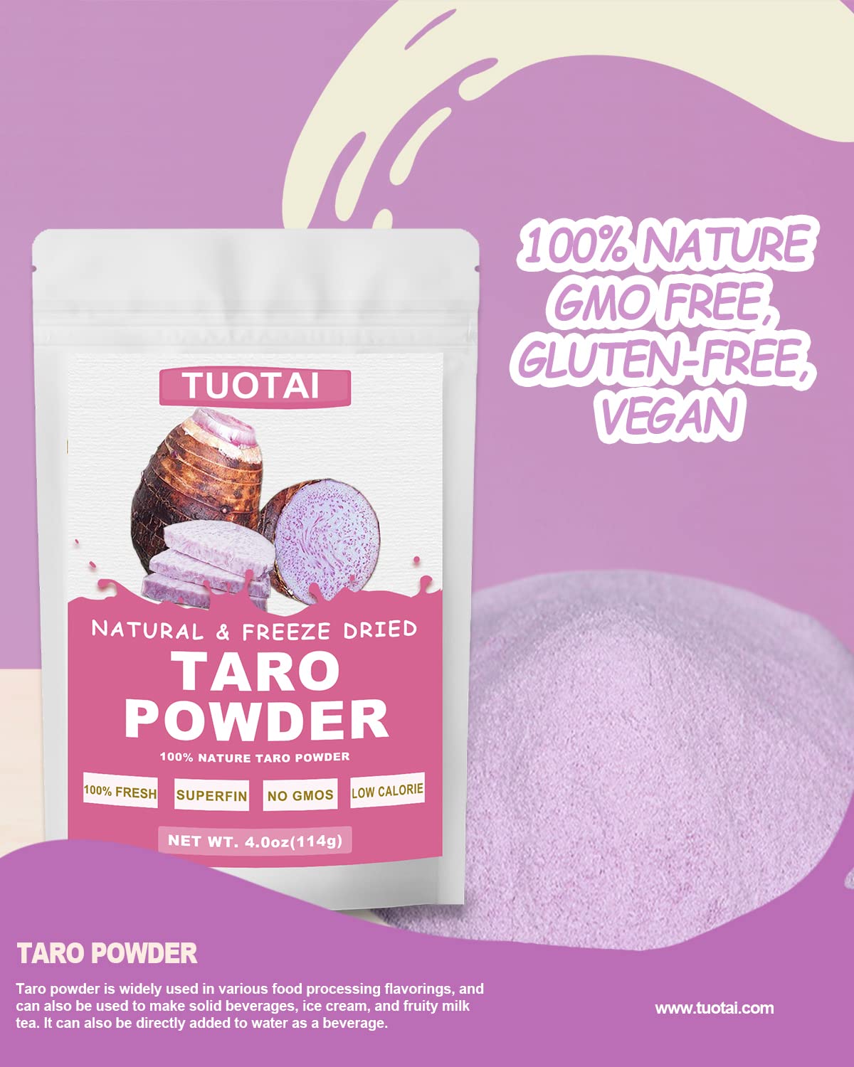 Freeze Taro Powder, 4 Ounces, Taro Powder For Smoothie, Drinks And Baking Food