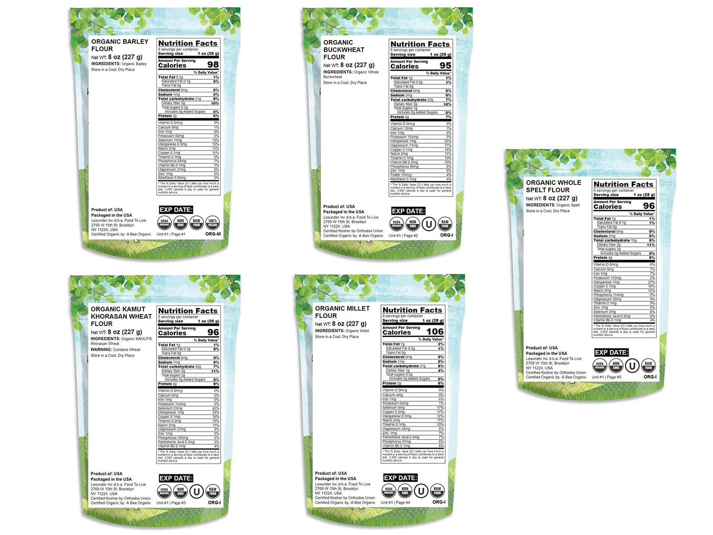 Food To Live Organic Flours In A Gift Box - Barley, Buckwheat, Kamut, Millet, Whole Spelt Flour
