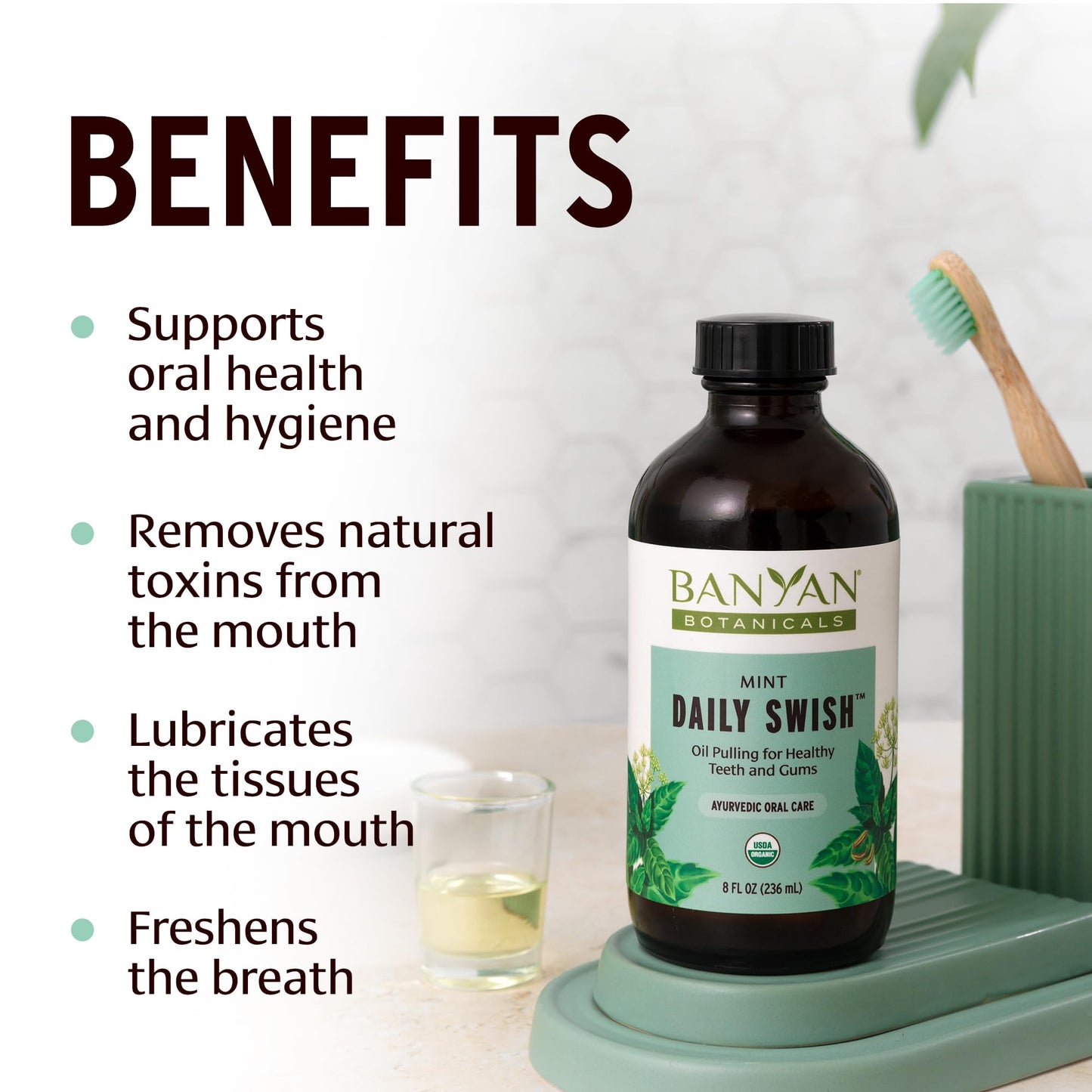 Banyan Botanicals Mint Daily Swish – Organic Ayurvedic Pulling Oil With Coconut Oil – Mouthwash For Fresh Breath And Sparkling Oral Health* – 8 Oz – Non Gmo Sustainably Sourced Vegan