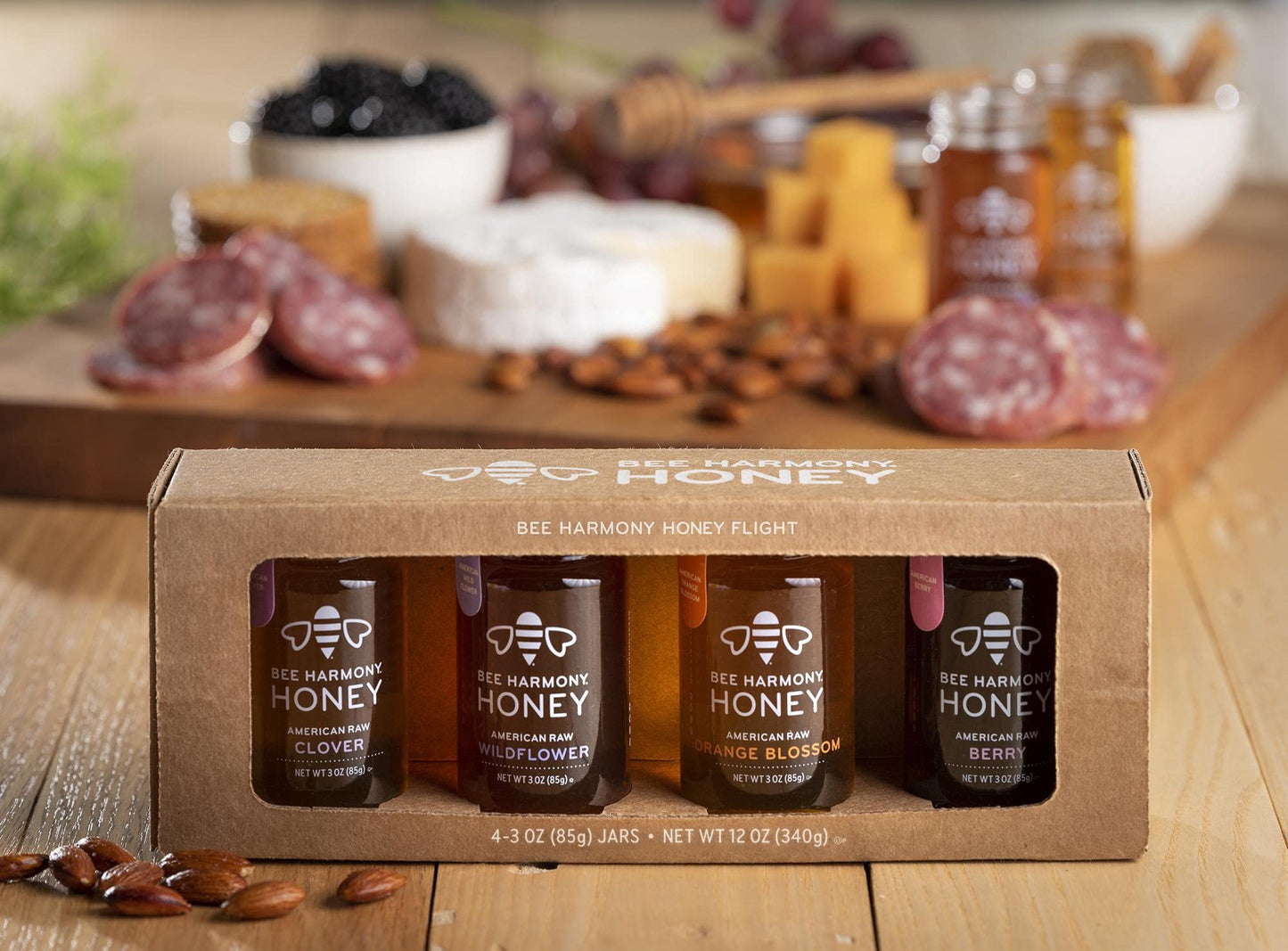 Bee Harmony Classic Honey Flight, Mini Honey Gift Set, 4 Jars, 3 Oz Each, Premium Raw Honey, Made In The Usa
