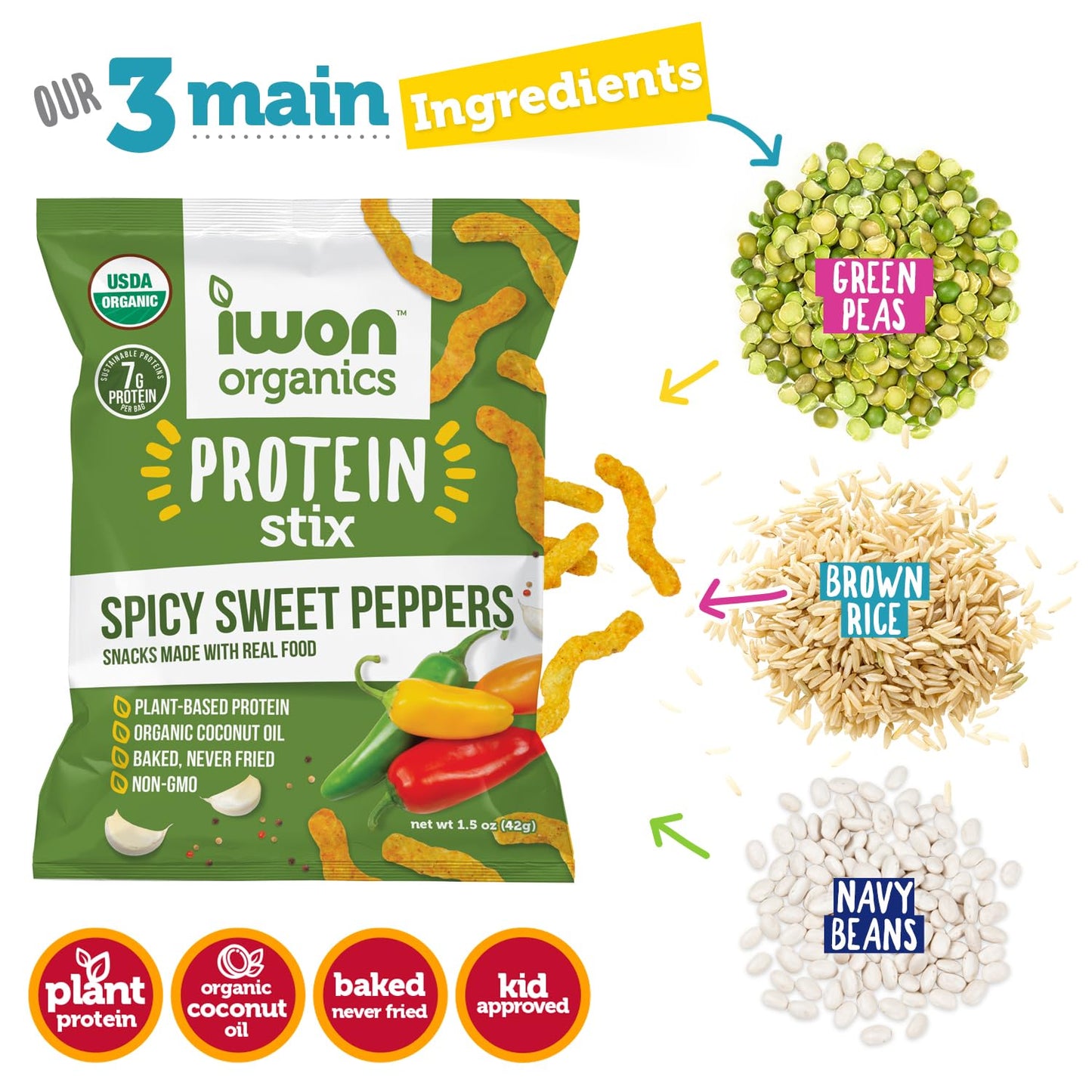 IWON Organics Spicy Sweet Pepper Flavor Snack Stix, High Protein and Organic Healthy Snacks, 8 Bags, 1.5 Ounce