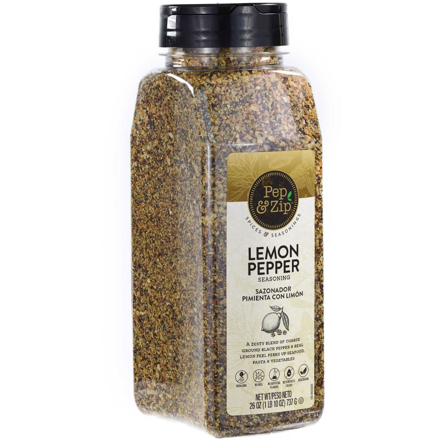 Pep And Zip, Lemon Pepper Seasoning/Sazonador Pimienta Con Limon, Zesty Flavor, Great On Wings, Non-Gmo, Kosher, No Msg, 26Oz