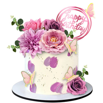 20 Pcs Flower Cake Toppers Butterfly Cake Decorations Happy Birthday Cake Toppers With Pink Purple Flowers Eucalyptus Butterflie