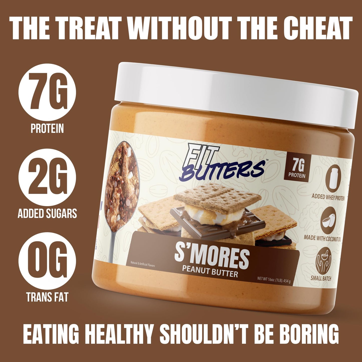 Fit Butters S'Mores Peanut Butter Spread - Added Protein And Coconut Oil, Low Carb, Low Sugar, Complete Protein Dessert Flavored