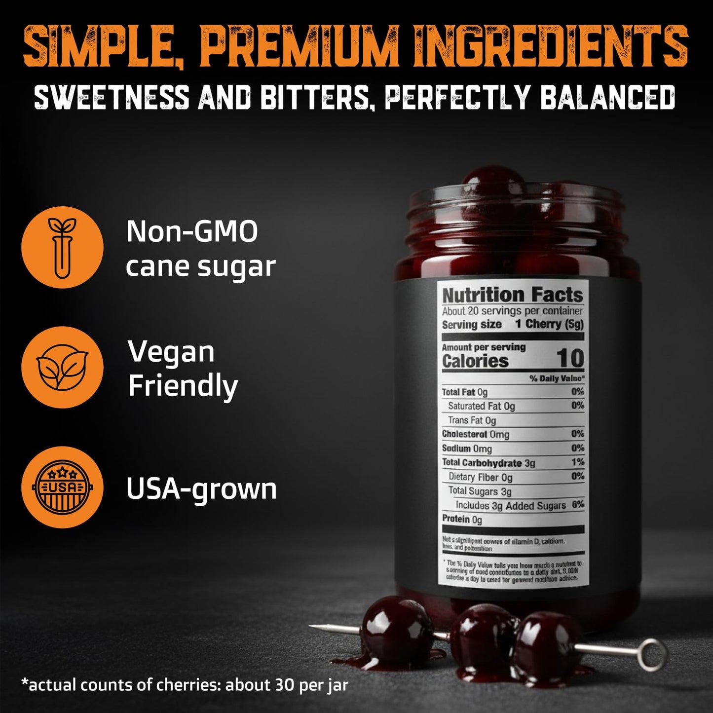 Cocktail Amarena Cherries In Syrup, 10Oz (30+ Count) - Enhanced Spirit-Inspired Flavor Spirit-Inspired Flavor Cocktail Garnish - Black Cherries For Old Fashioned, Manhattan And Desserts, Made In Usa - Spirit-Inspired Flavor Gifts For Men Dads