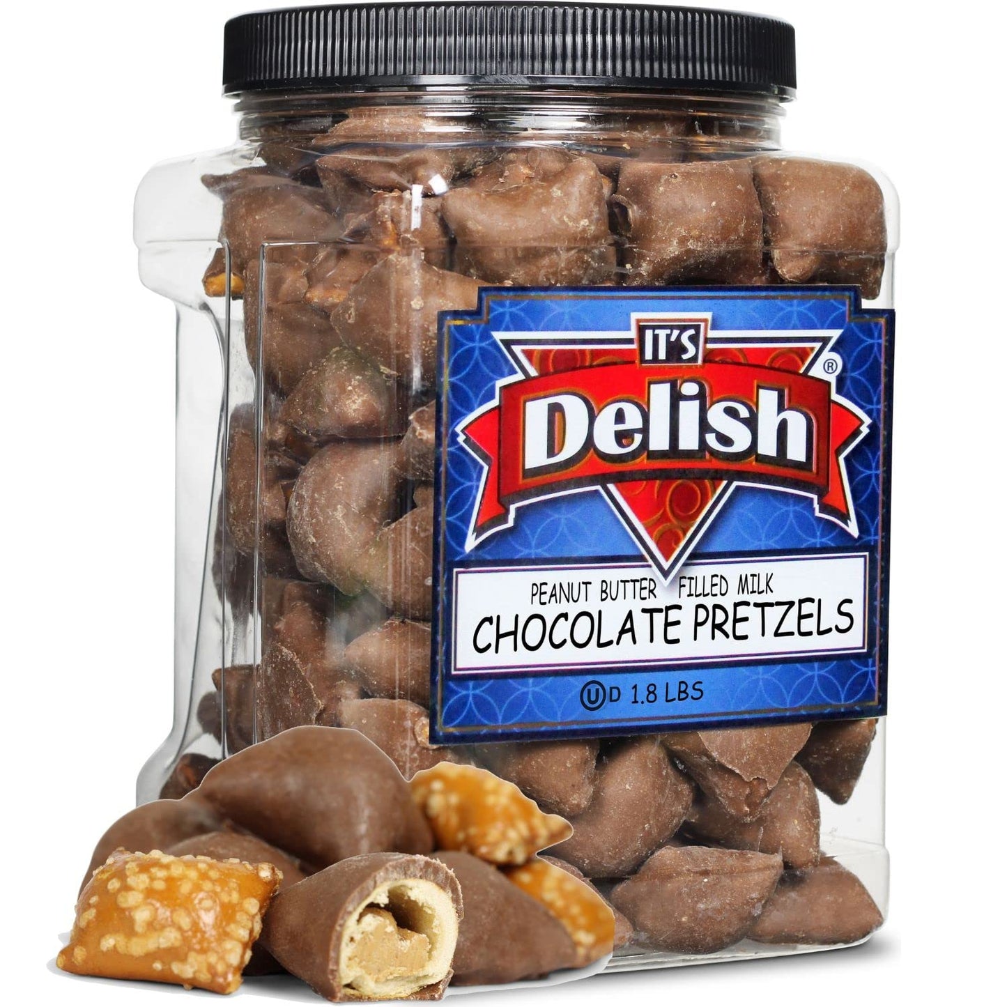 Milk Chocolate Covered Peanut Butter Pretzels By Its Delish  1.8 Lbs Jumbo Container Bulk | Gourmet Chocolate Coated Pretzel Nuggets Filled With Peanutbutter Bites | Awesome Candy Snack | Kosher Dairy