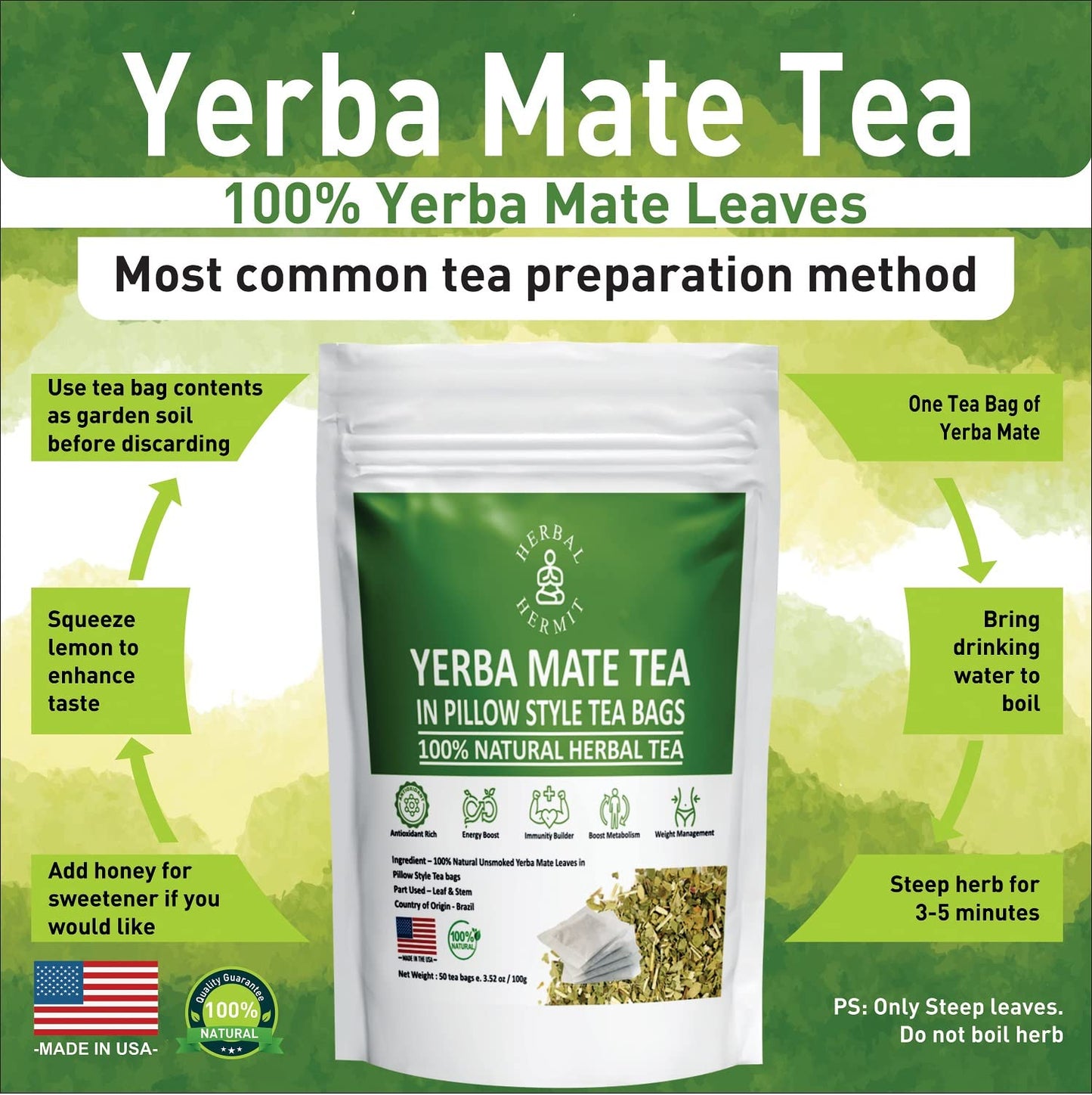 Herbal Hermit Yerba Mate Herbal Tea, 50 Tea Bags, 3.5 Ounce, Natural, Rich in Chlorophyll, Made in USA
