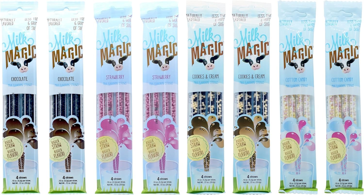 Milk Magic Magic Milk Flavoring Straws (32 Milk Straws) Flavors Include 2 Cookies And Cream, 2 Chocolate, 2 Strawberry, And 2 Cotton Candy Flavor Milk Straws