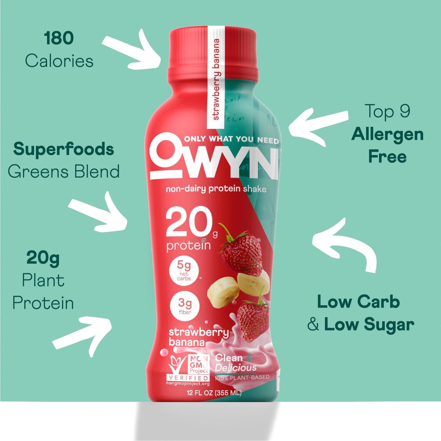 OWYN Vegan Protein Shake, Strawberry Banana, 12 Fl Oz (Pack of 12), 100% Plant-Based, Dairy-Free, Gluten-Free, Kosher
