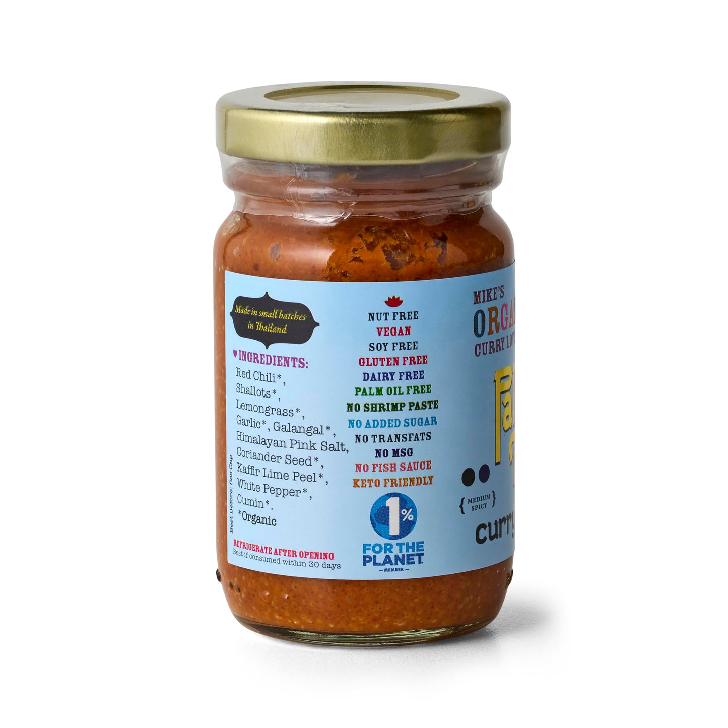 Panang Thai curry Paste ORgANIc. VEgAN. DAIRY FREE. SUgAR FREE. KETO FRIENDLY. MADE IN THAILAND. 4.23 oz glass Jar