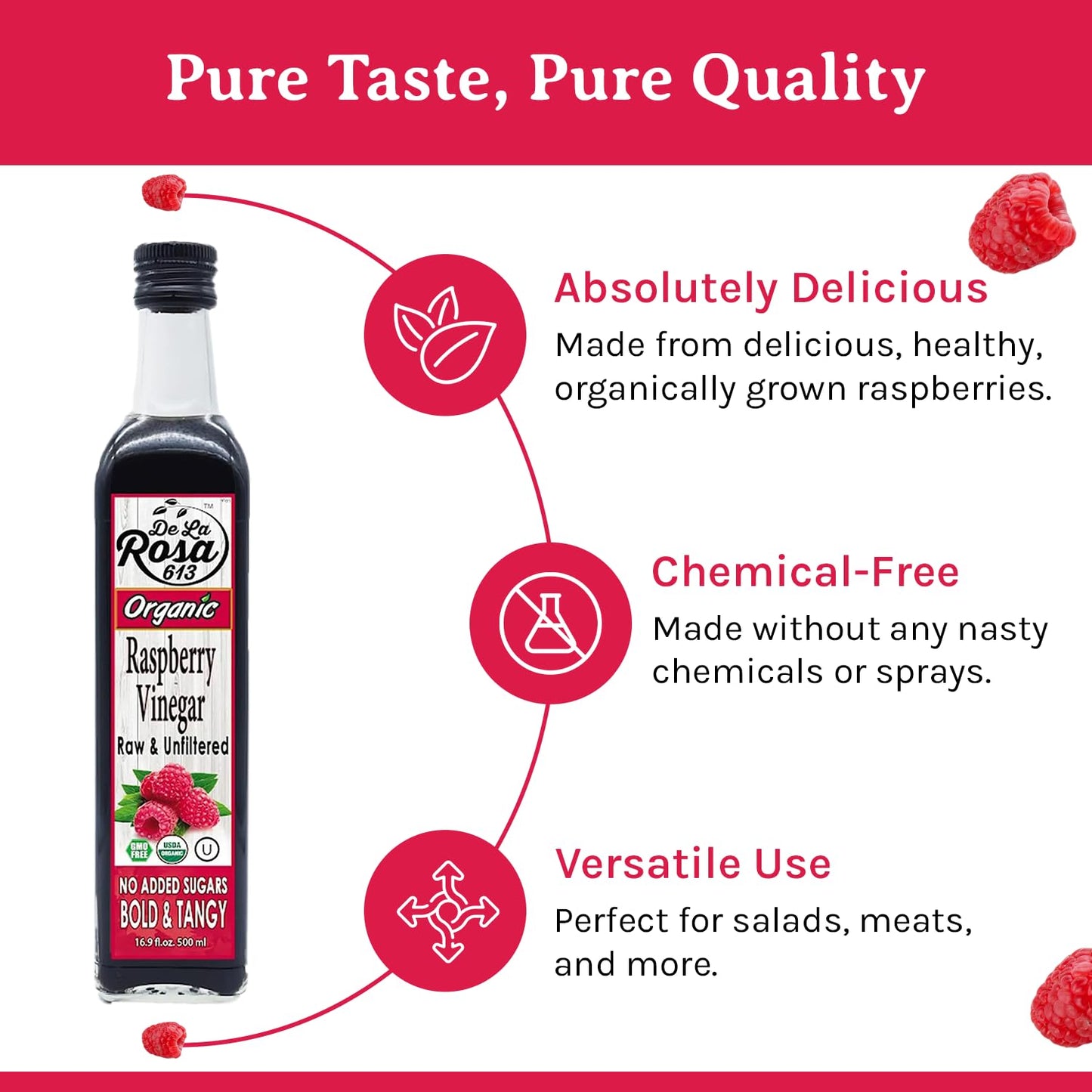 De La Rosa Organic Raspberry Vinegar, Raw & Unfiltered Pure Vinegar, Vegan, Gluten Free & Kosher, Great For Organic Salad Dressi