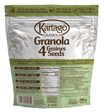Kartago Granola Cereals 4 Seeds (Chia, Flax, Sesame, Pumpkin), Naturally Sweetened With Date Syrup, Healthy Breakfast, 10.58 Oz,