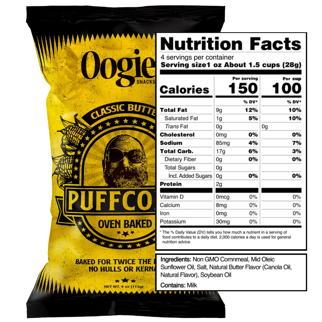Oogies Gourmet Puffcorn - Classic Butter Flavor - Gluten Free Snacks - 4 Ounce (Pack of 4)