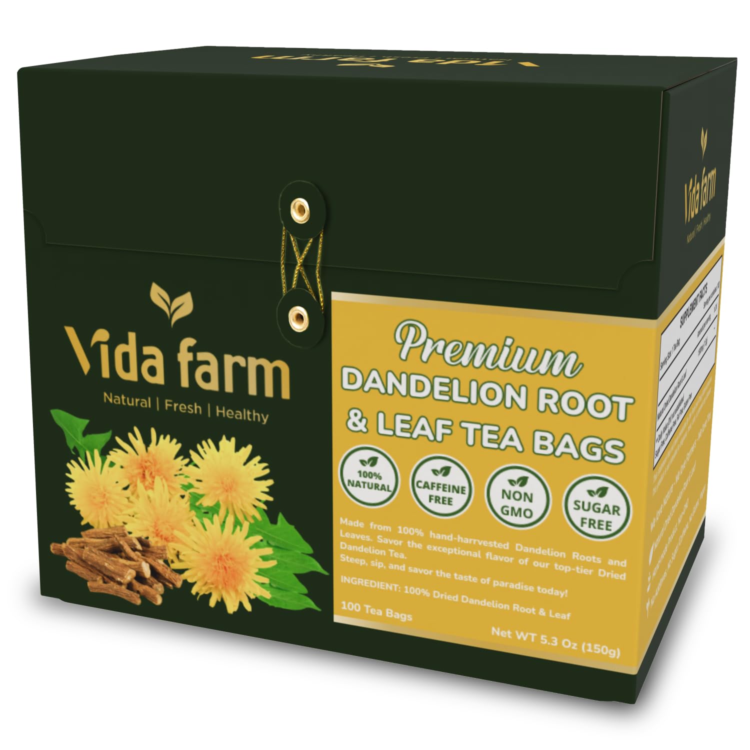 VIDA FARM Dandelion Tea Bags - 100% Natural Herbal Tea, Sugar Free, Caffeine Free - 100 Count