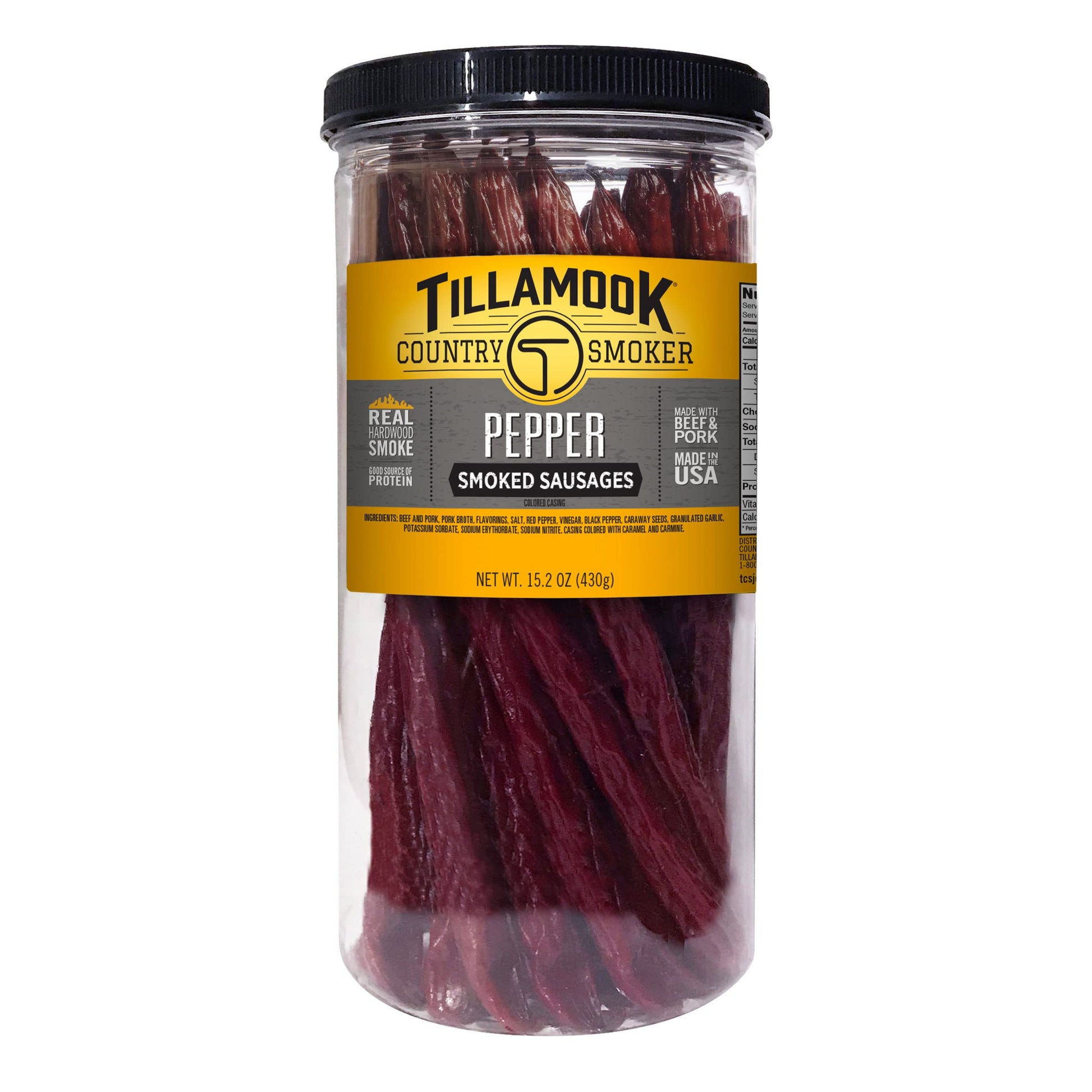 TILLAMOOK COUNTRY SMOKER Real Hardwood Smoked Sausages, Pepper, 15.2 Ounce Tall Jar, 20 Count