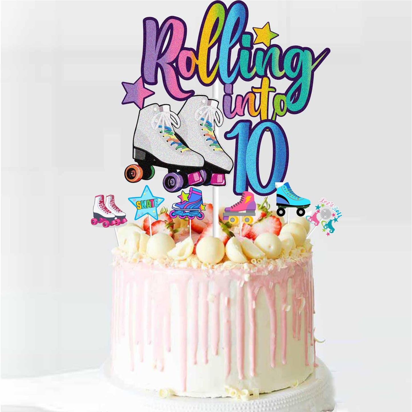 Winpogee 7Pcs Rolling Into 10 Theme Cake Toppers Sets Roller Skate Happy 10Th Birthday Themed Set Cake Decoration Girls Club Rol