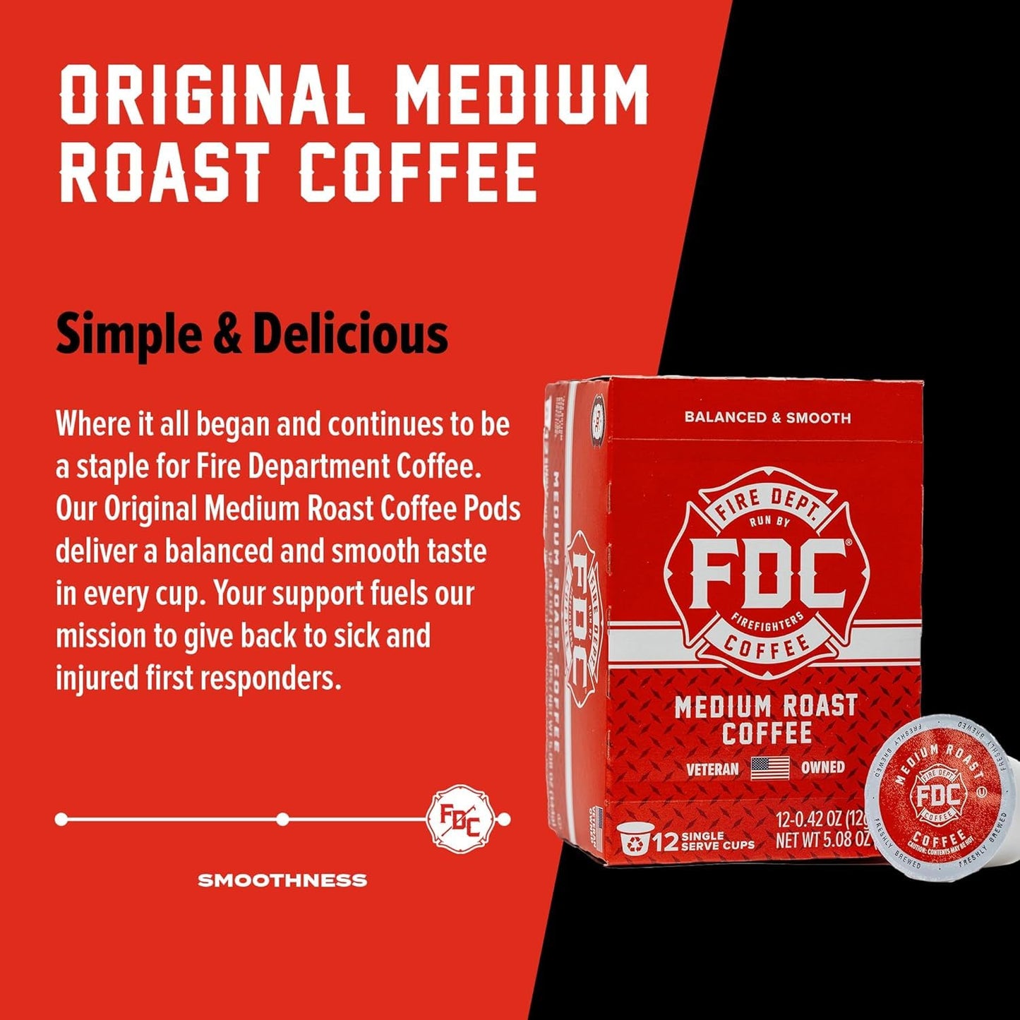 Fire Department Coffee Original Medium Roast Coffee Pods - 24 Single K Cups - Veteran Owned - Balanced & Smooth - Roasted in the USA
