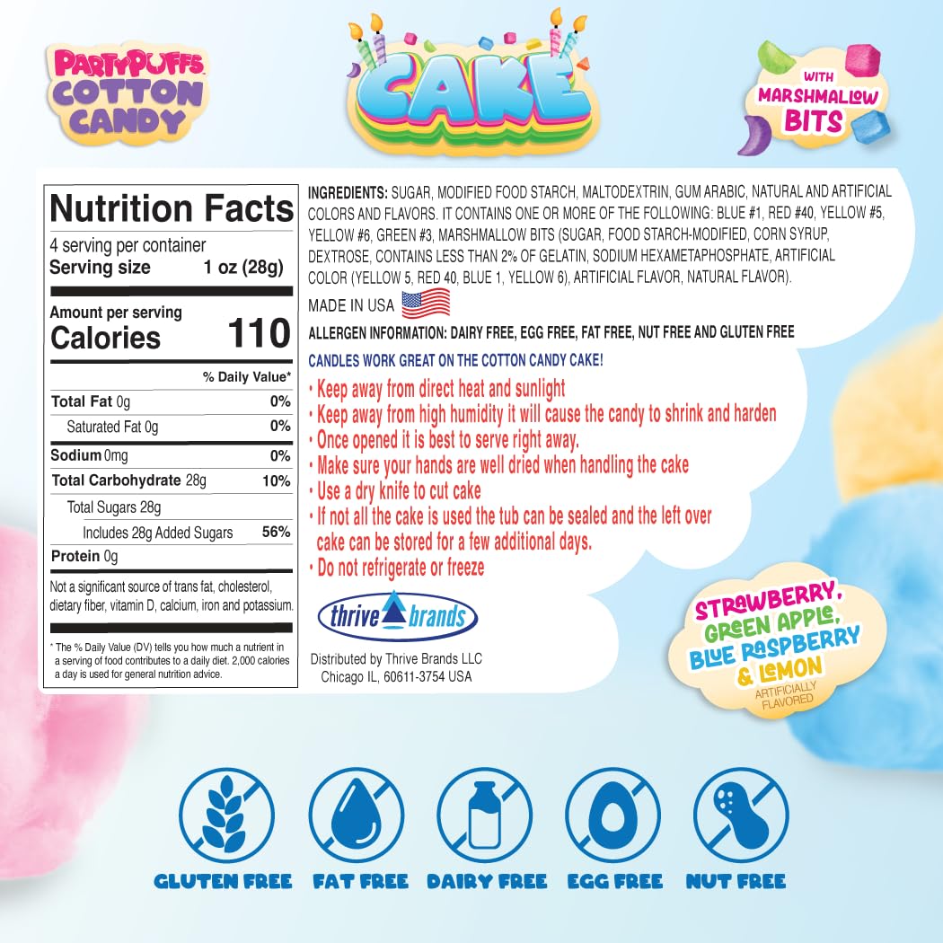 PartyPuffs Cotton Candy Cake - 4 Servings - Sliceable Celebration Cake With Strawberry  Blue Raspberry  Lemon & Green Apple Flavors - Fun Party Dessert With Crunchy Marshmallow Bits - Gluten-Free Treat & Made in USA - 4oz