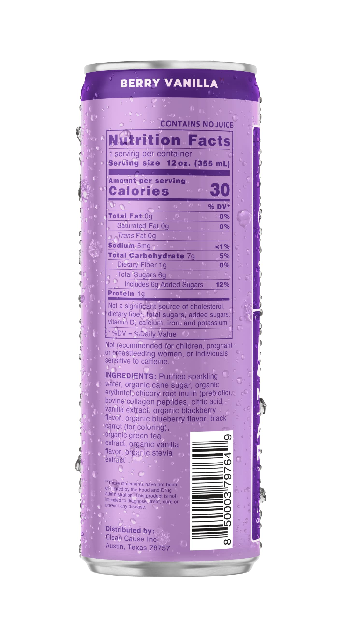 CLEAN CAUSE Berry Vanilla Sparkling Beverage with Prebiotics & Collagen, 12oz Cans, 12-Pack Case, Low Sugar, 120mg Caffeine