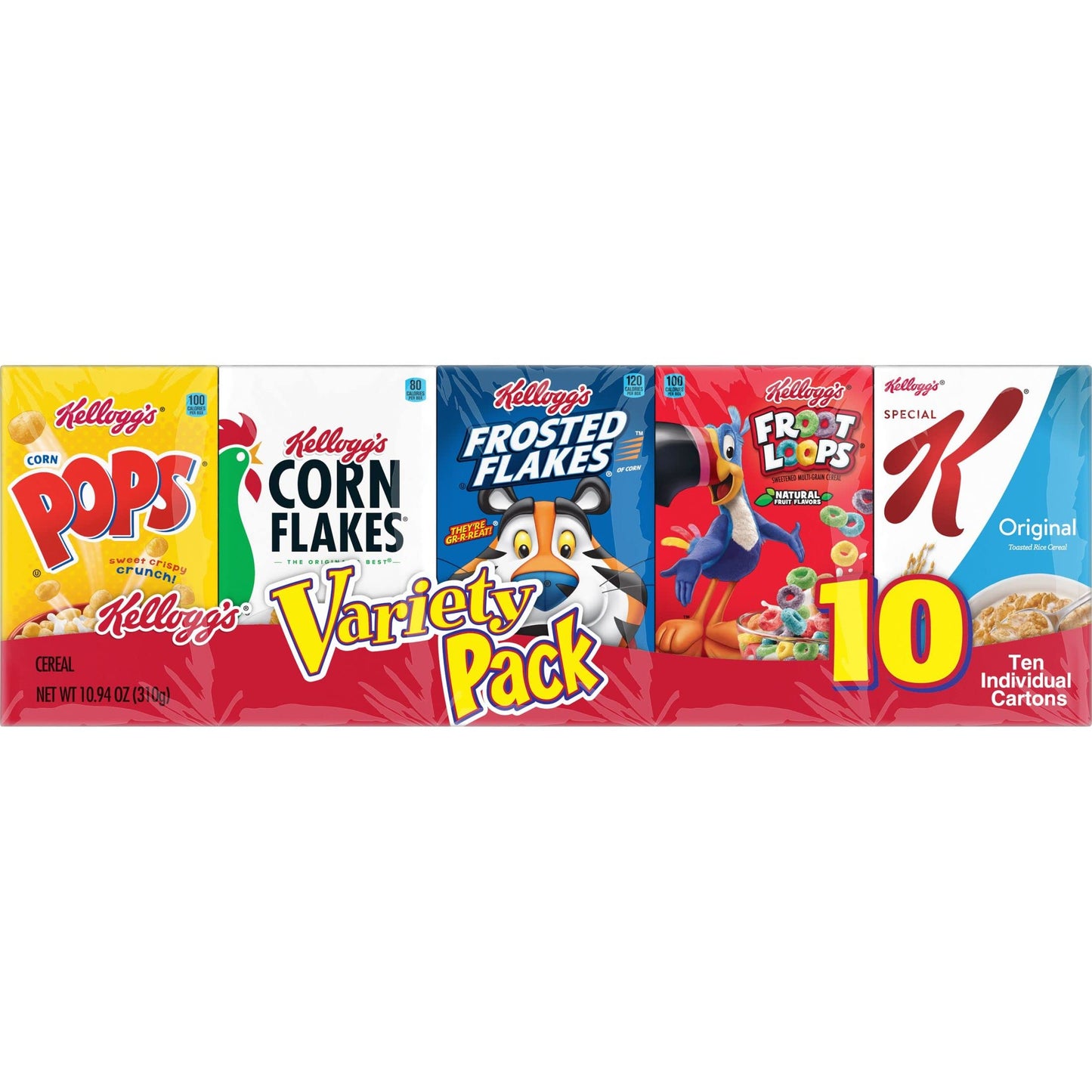 Kellogg s Cold Breakfast Cereal, Single Serve, Variety Pack, 10.94oz Tray (10 Boxes)
