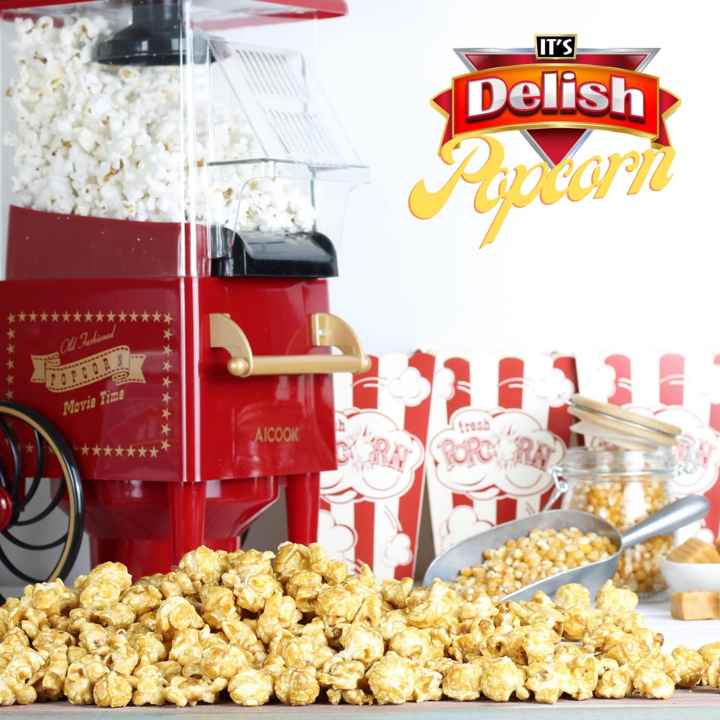 Gourmet Caramel Popcorn by Its Delish, 16 OZ Jumbo Container - Original Caramel Corn Air Popped Sweet and Crunchy Glazed Carmel