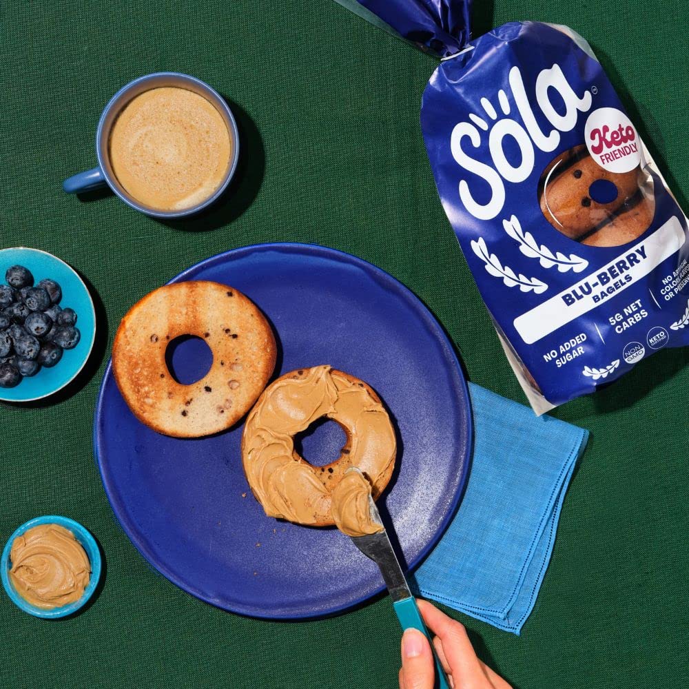 SOLA Low Carb Keto Friendly Bagels, Blu-berry, 6g Net Carbs, 18g Protein, 12 oz (4 Bagels/Pack), Pack of 2