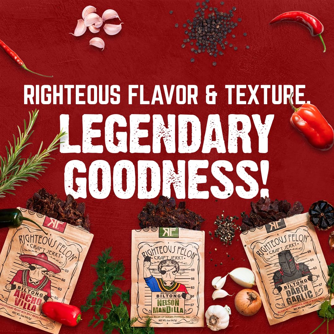 Righteous Felon Biltong Beef Jerky Variety Pack | South African Biltong Snack Packs For Mature-Themeds | High Protein, Keto-Friendly, Low Sugar | Made With Enhanced Meats | Beef Jerky Gifts For Men | 6 Pack