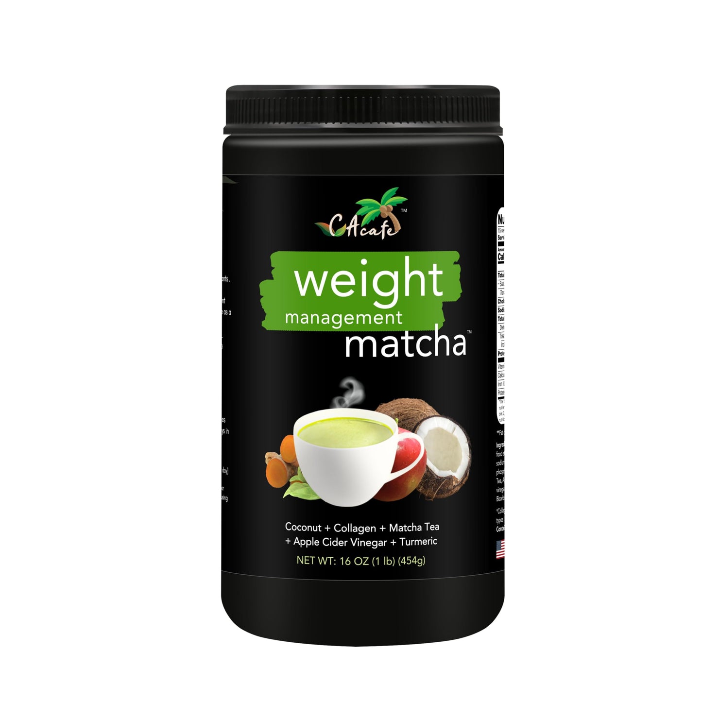 Cacafe Apple Fruit Beverage Vinegar Turmeric Matcha Tea | 9G Protein | Ultimate Superfoods Blend Of Acv  Turmeric  Collagen  Coconut  And Japanese Matcha Tea | Hot Or Cold Instant Mix | Non-Gmo (1 Pack)