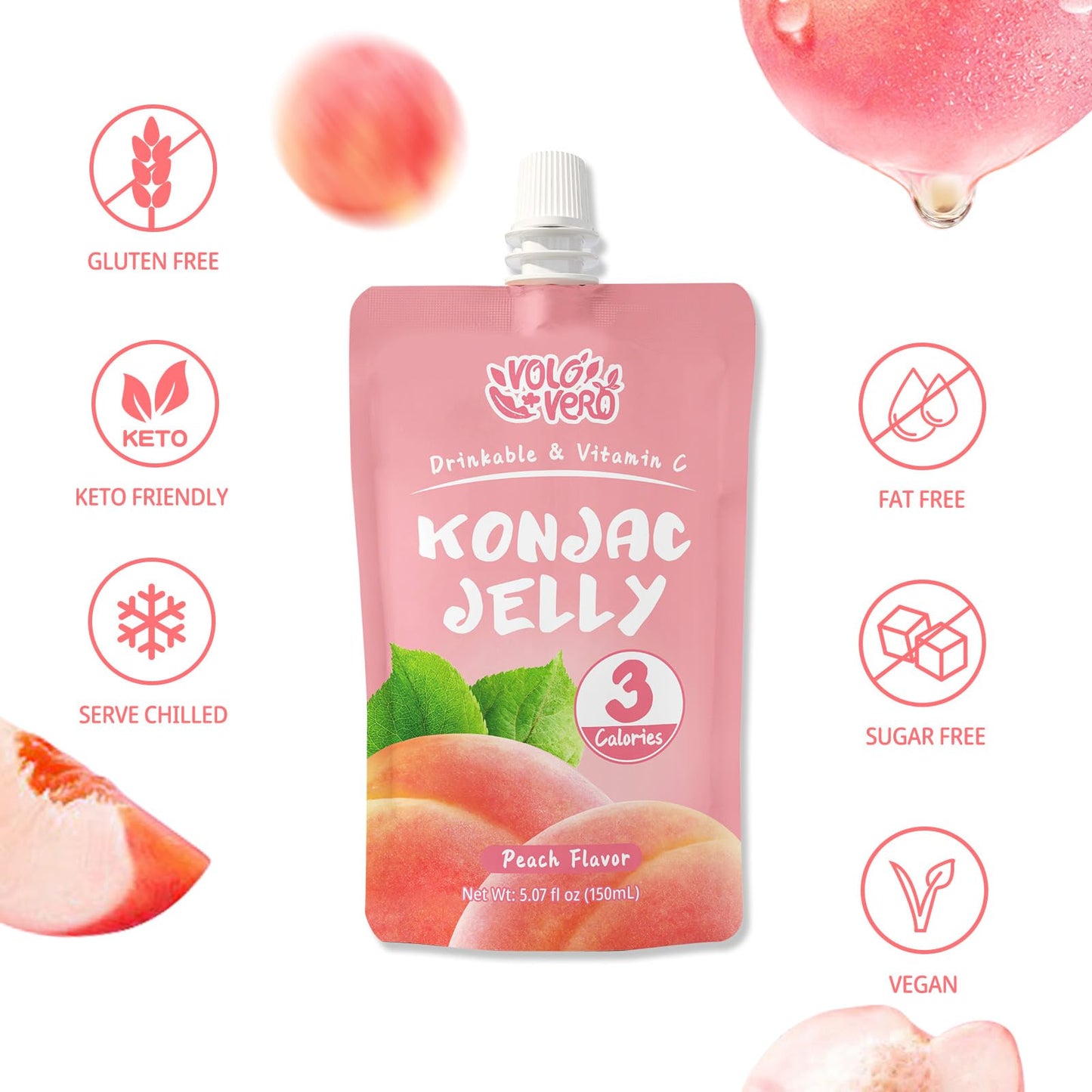 VOLO VERO Konjac Jelly Squeeze Pouch Peach Flavor, Low Calories (3 Kcal), 10 Packs, Gluten Free & Vegan, 0 Sugar, Keto, Low Carb