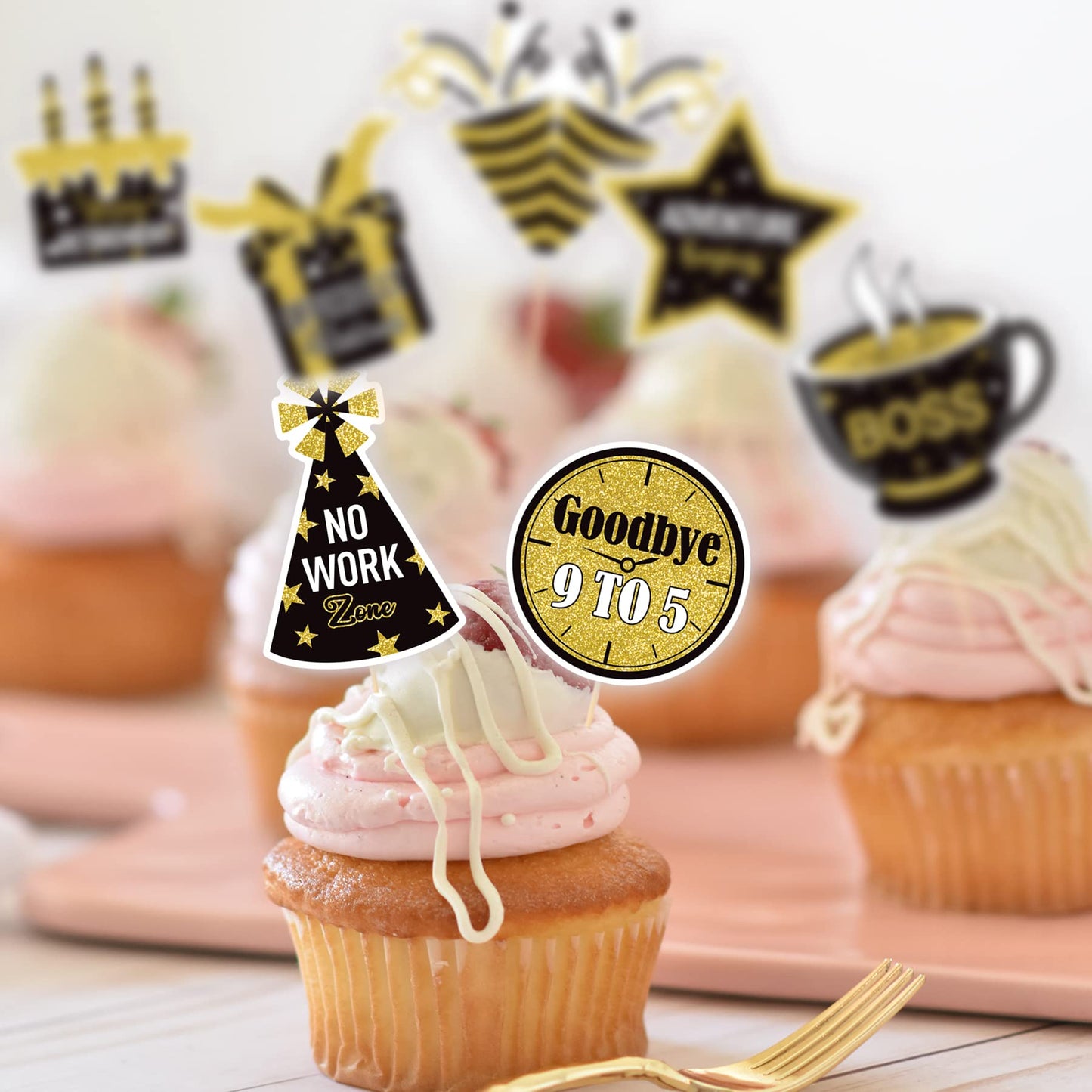 NANAGALI Happy Retirement Cupcake Toppers, 36 Pcs Gold Glitter Cake Decorations, Paper, No DIY, Retirement Theme