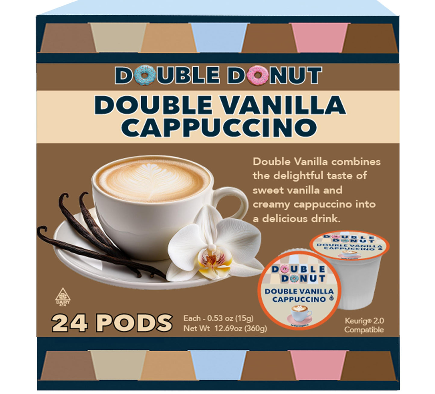 Double Donut Coffee Double Vanilla Cappuccino Pods, 24 Single Serve Cups for Keurig, Recyclable Pods