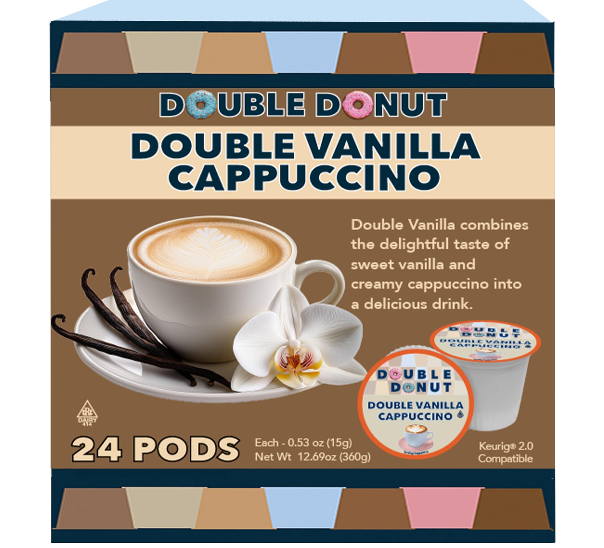Double Donut Coffee Double Vanilla Cappuccino Pods, 24 Single Serve Cups for Keurig, Recyclable Pods