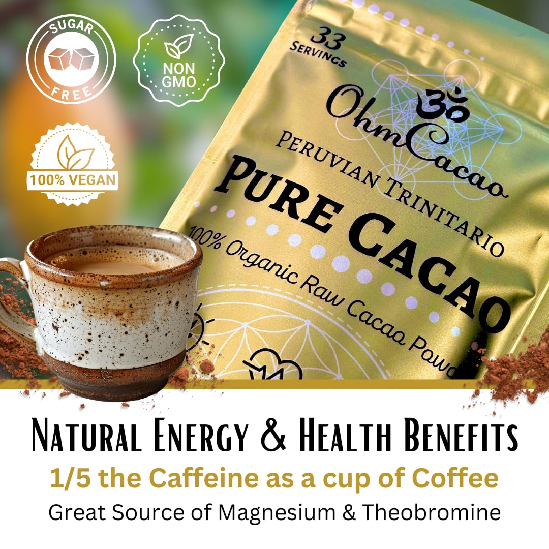 OHM Cacao Organic Raw Cacao Powder, Unsweetened, 7 Ounce, Natural Source of Magnesium & Iron