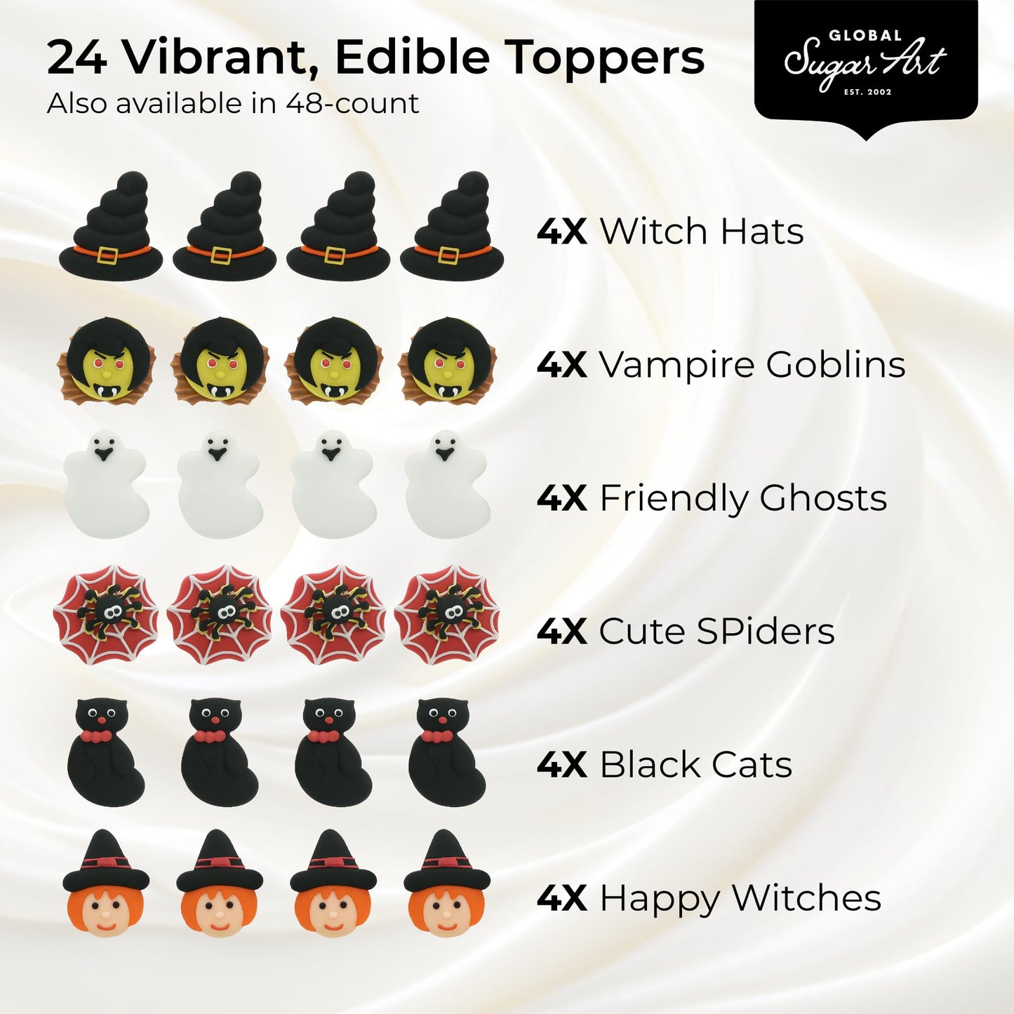 Global Sugar Art Halloween Edible Decorations - 48 Royal Icing Toppers, 1 Square, Black, Hand-Piped, Individually Wrapped