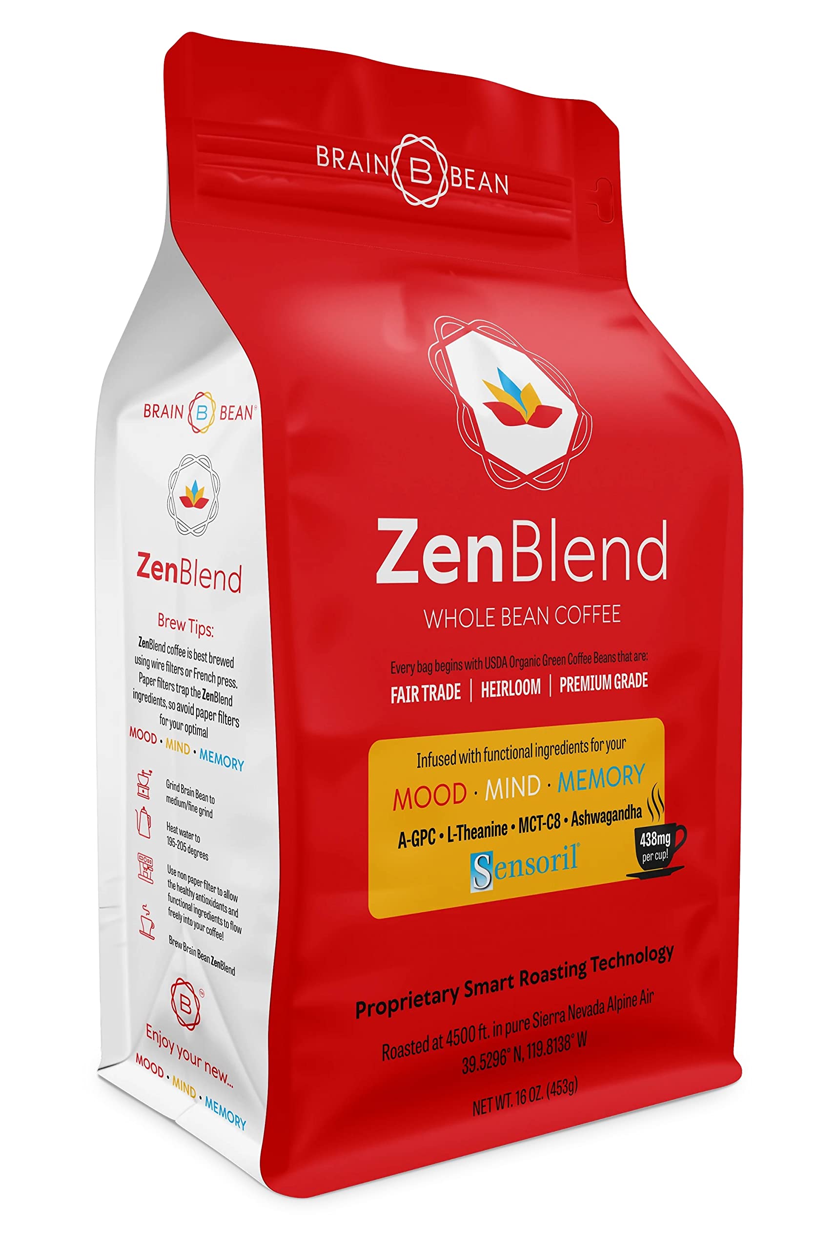 Brain Bean Organic Coffee Whole Bean with MCT, A-GPC, L-Theanine & Ashwagandha, 16 Oz