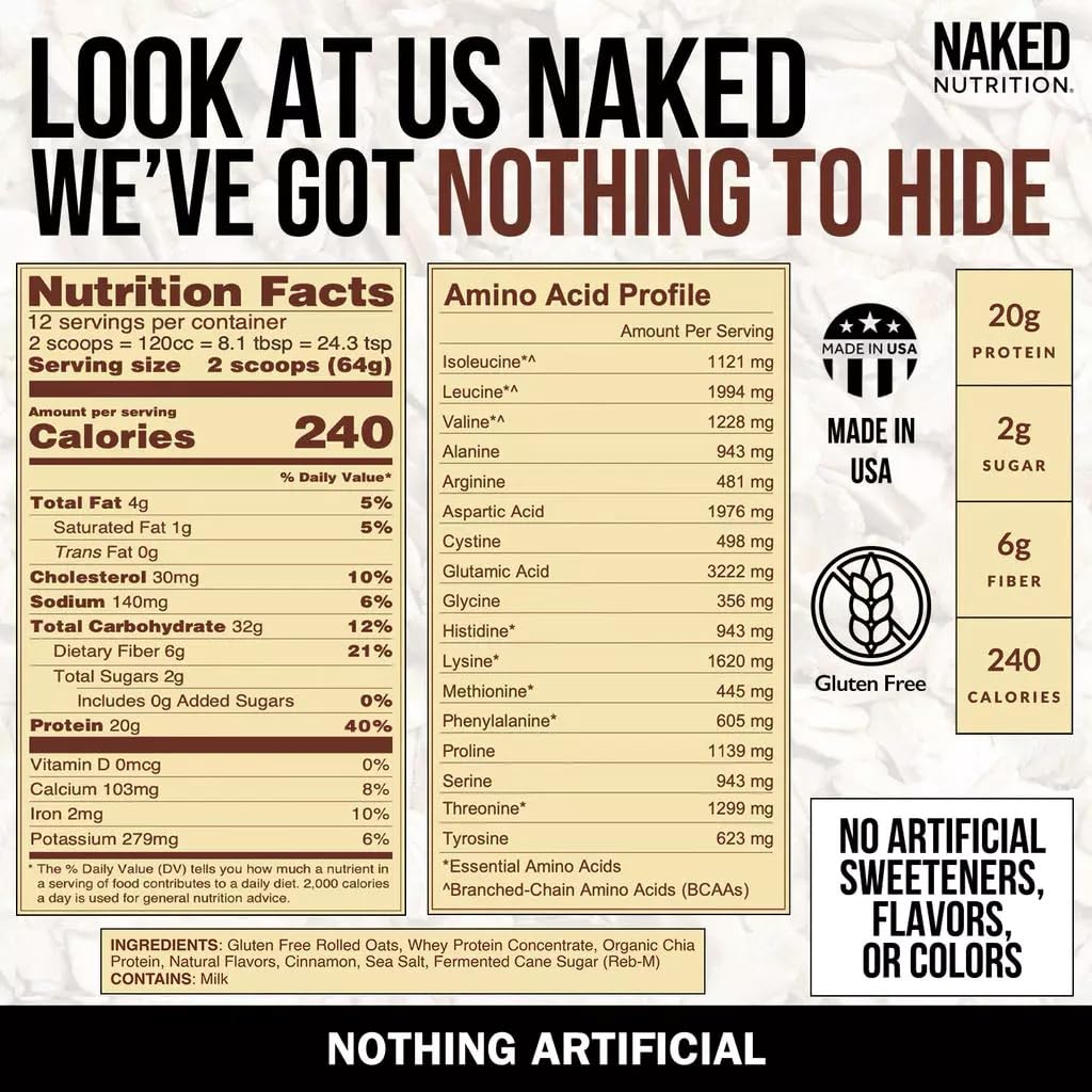 Naked Oats - Cinnamon Overnight Oats, 20G Whey Protein, Gluten-Free Oatmeal Instant Breakfast Or Shake, High Protein Oatmeal, Hi