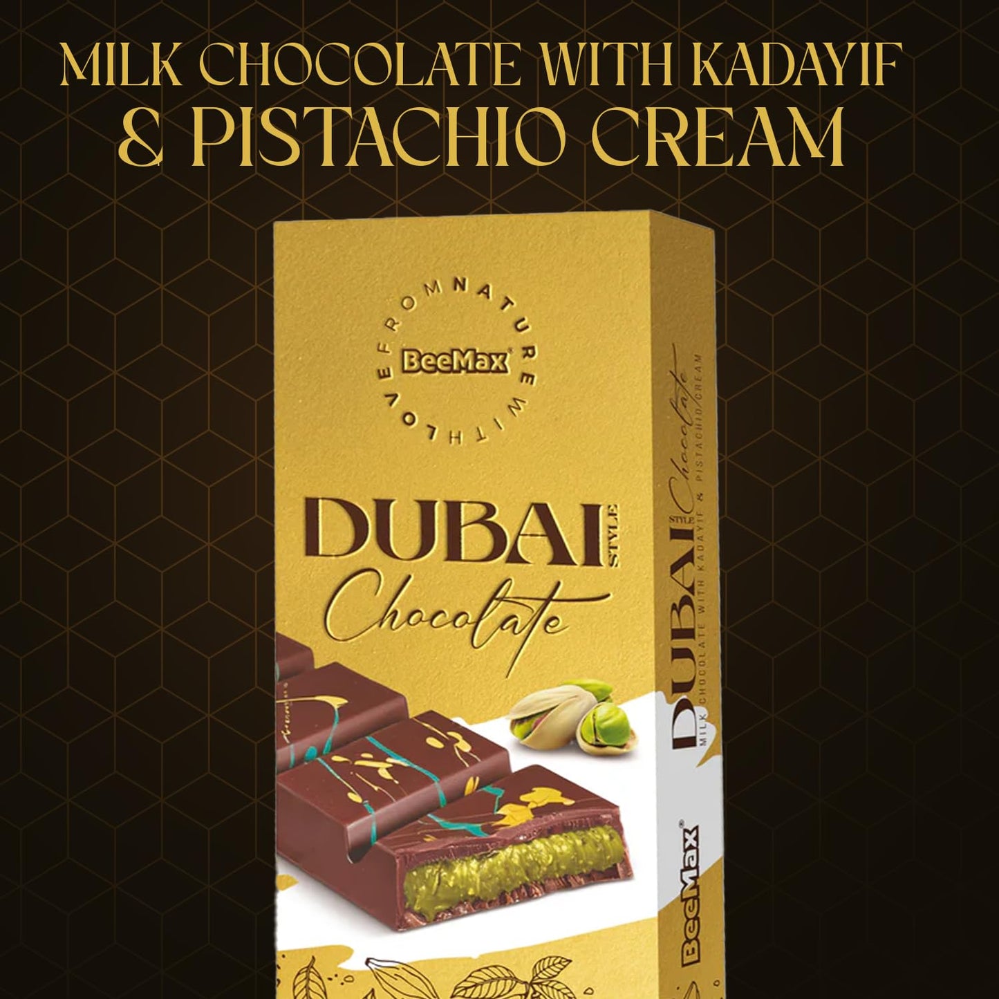 Beemax Authentic Dubai-Style Chocolate Bar | 2 Pack | 7 oz of elegant Middle Eastern Indulgence | enhanced Milk Chocolate  Golden Kadayif Crisps  Velvety Tahini & Hand-Harvested Pistachios - Imported from Turkey