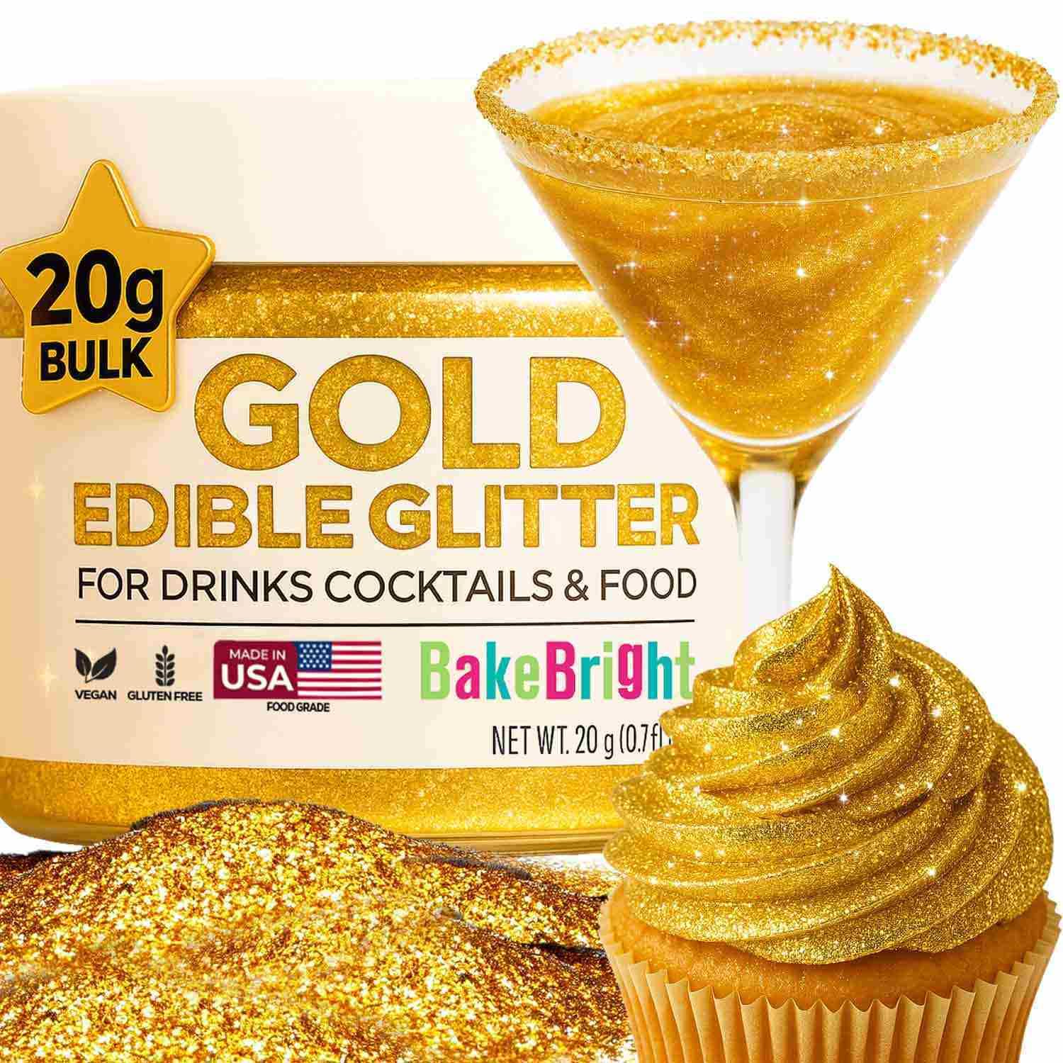 Gold Edible Glitter For Drinks Bulk 20G | Top-Grade Edible Glitter For Cakes  Mixed Flavors  Gold Cake Decorating Decorations Food Grade  Vegan  Kosher  Halal  Gluten Free - Made In Usa