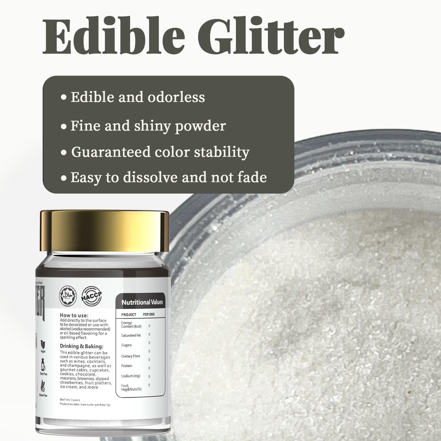 LOCDO Edible Glitter Luster Dust - 100% Food Grade, Vegan, Allergen-Free, Large 15G, Pearl White