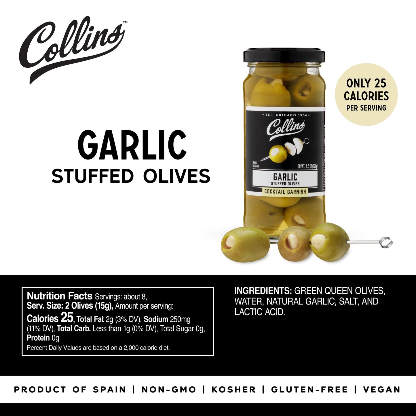 Collins Garlic Queen Olives | Premium Garlic-Stuffed Green Olives | 5 oz. | Black | Model O257