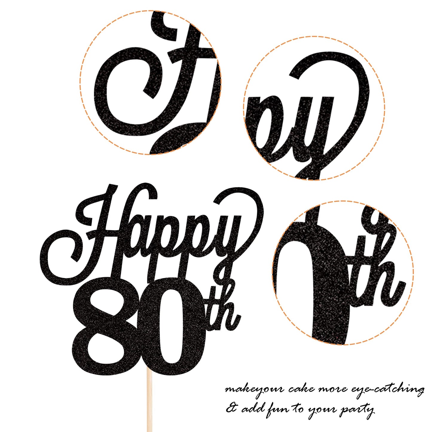 YCTHUNFISH 80th Birthday Cake Topper Black Glitter Bamboo Decoration for Cheers to 80 Years Old Party Supplies
