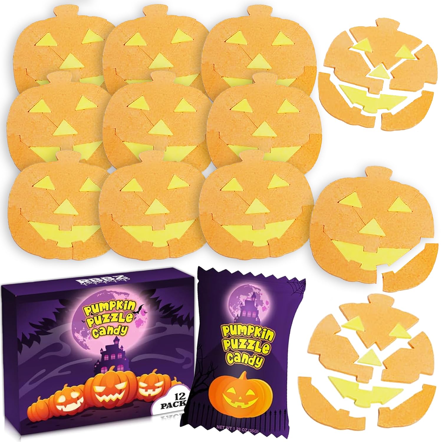 Halloween Pumpkin Puzzle Candy - 12 Pack Individually Wrapped Large 35g - Unique Halloween Themed Candy - Great for Trick or Tre